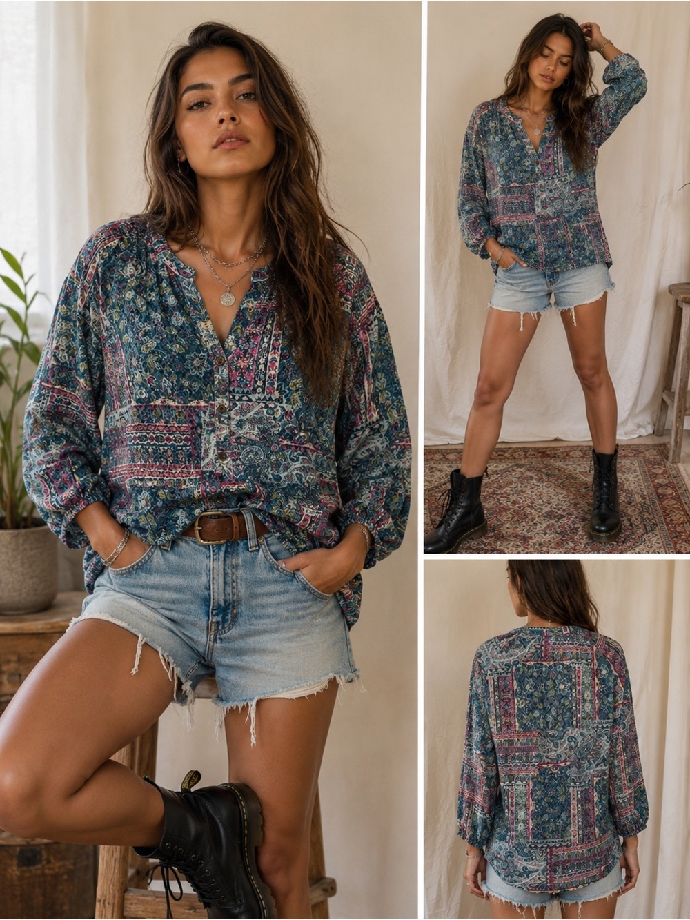 Northern Reflections Boho Teal Paisley Patchwork Blouse Cottagecore Med Petite